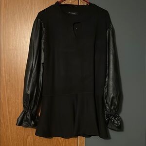 Black Long Sleeve Blouse with Faux Leather Sleeves